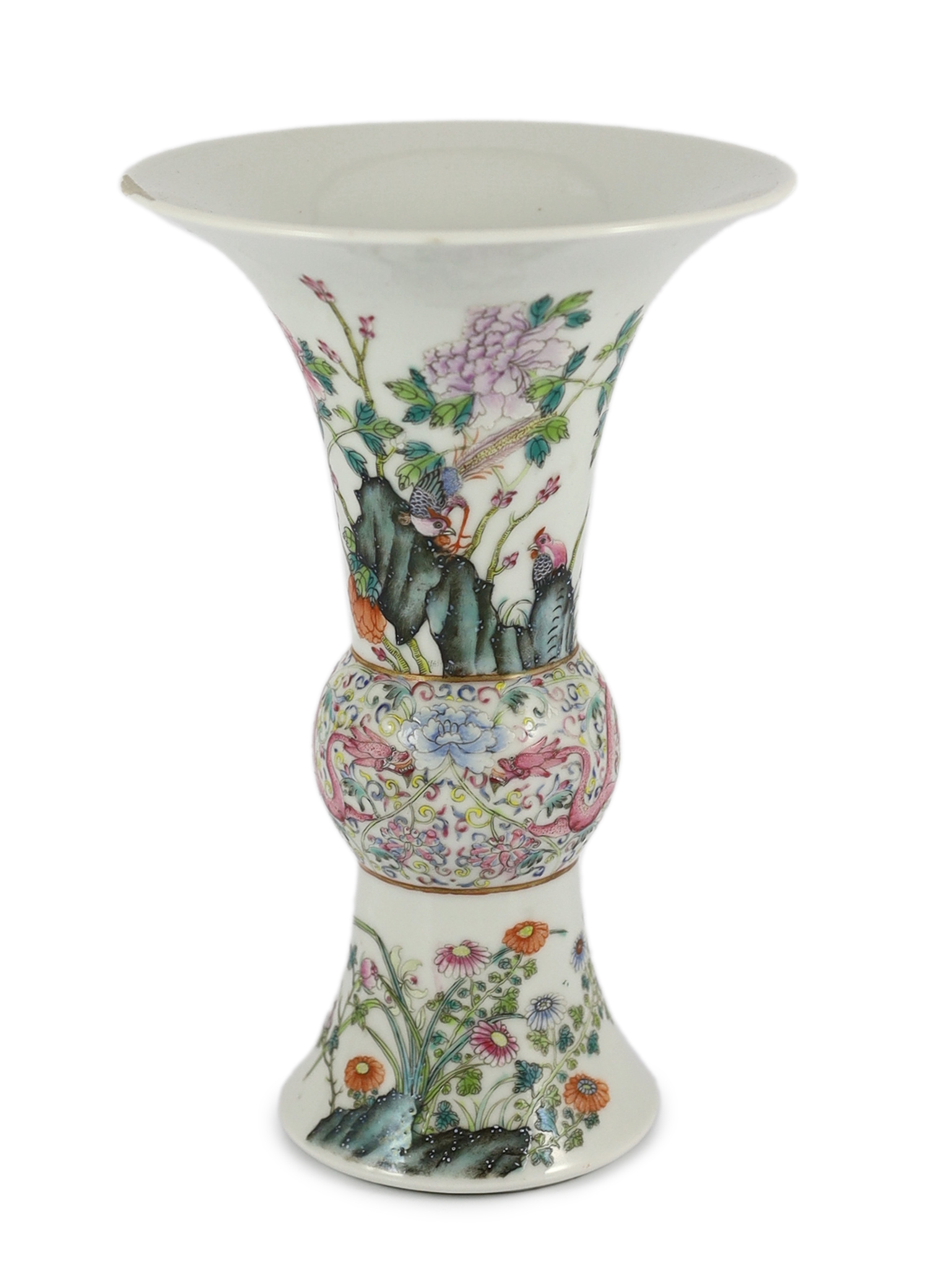 A Chinese famille rose beaker vase, gu, late Qing / early Republic period splinter chip to rim